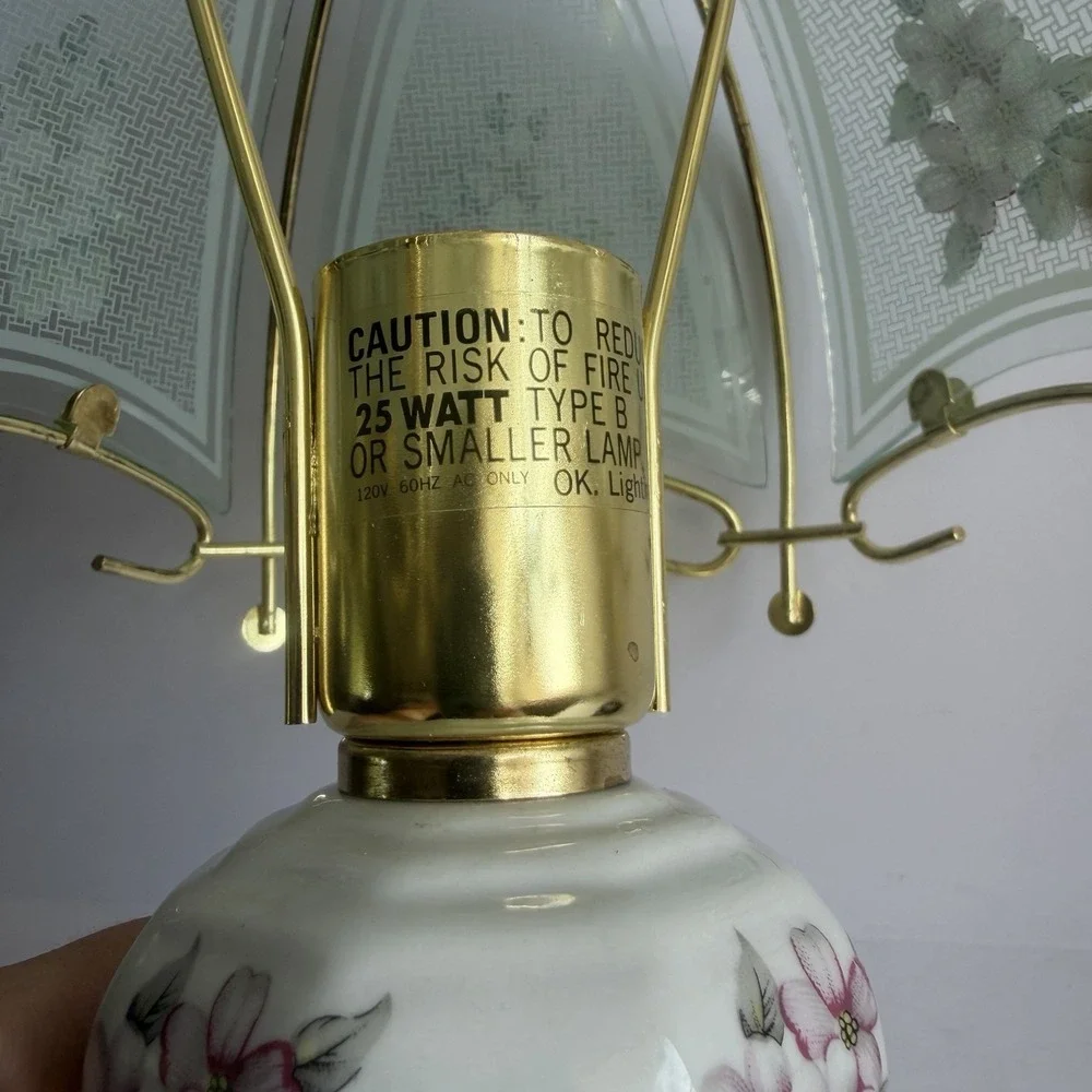 VTG 90s Touch Lamp Printed Floral Design Glass Small Table Lamp *Flaw*